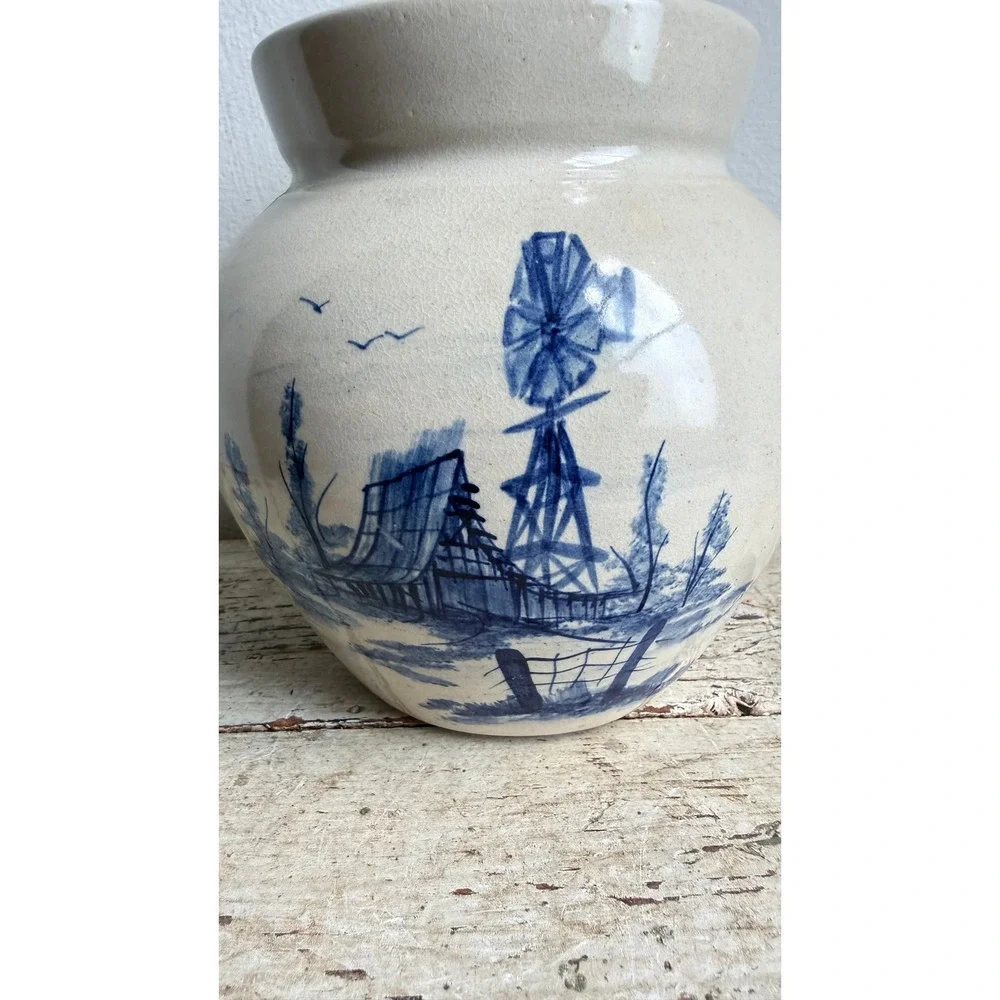 Vintage P.R. Storie Pottery Marshall TX Blue Windmill Farm Scene Crock